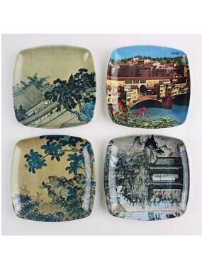 4 Vintage Mebel Wony Italy Melamine Small Plates Floral Scenery Bridge Deer Tree